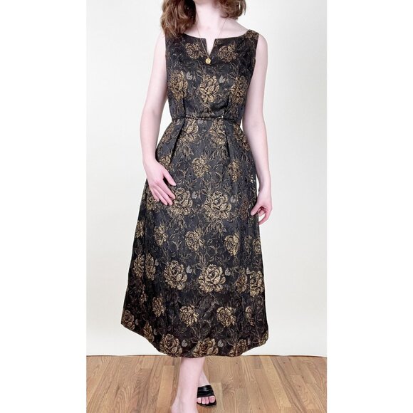 Vintage Handmade Jacquard Knit Floral Midi Maxi Fit & Flare Dress Formal Fancy - Picture 1 of 5